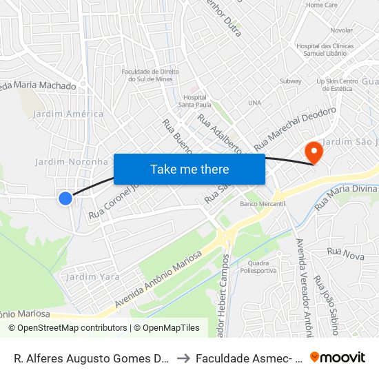 R. Alferes Augusto Gomes De Medela, 153 | Auto Peças Noronha – Sentido Centro to Faculdade Asmec- Escola De Negócios De Pouso Alegre map