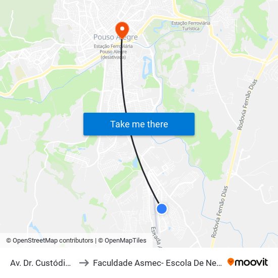 Av. Dr. Custódio Toledo, 105 to Faculdade Asmec- Escola De Negócios De Pouso Alegre map