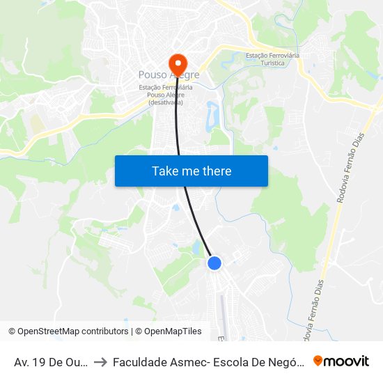 Av. 19 De Outubro, 46 to Faculdade Asmec- Escola De Negócios De Pouso Alegre map