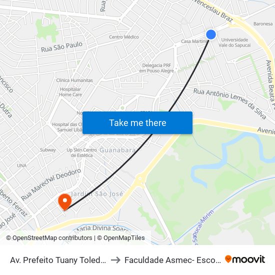 Av. Prefeito Tuany Toledo, 290 | Univás – Unidade Fátima to Faculdade Asmec- Escola De Negócios De Pouso Alegre map