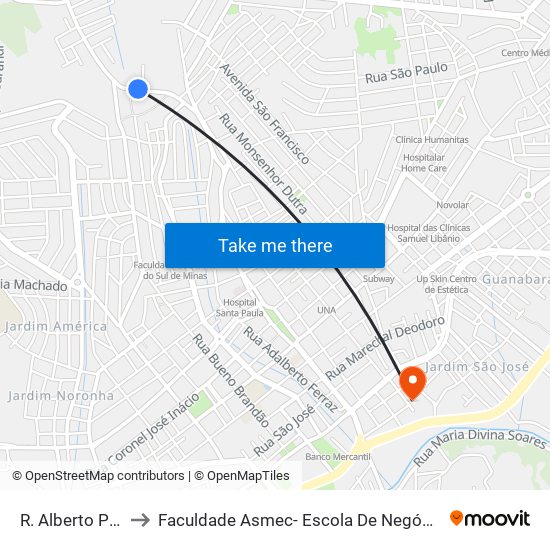 R. Alberto Paciuli, 86 to Faculdade Asmec- Escola De Negócios De Pouso Alegre map