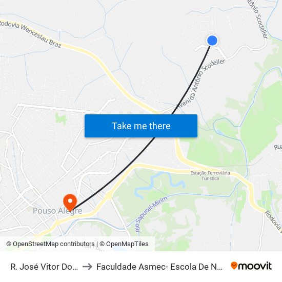 R. José Vitor Domingues, 225 to Faculdade Asmec- Escola De Negócios De Pouso Alegre map