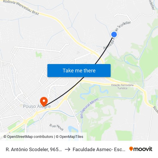 R. Antônio Scodeler, 965 | Cras Faisqueira – Sentido Centro to Faculdade Asmec- Escola De Negócios De Pouso Alegre map