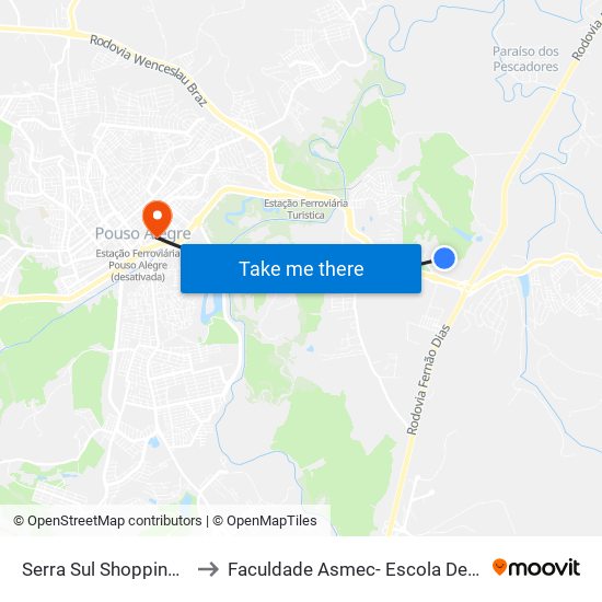 Serra Sul Shopping | Estacionamento to Faculdade Asmec- Escola De Negócios De Pouso Alegre map