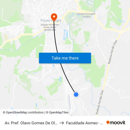 Av. Pref. Olavo Gomes De Oliveira, 6025 | E.M. Clarice Toledo – Sentido Centro to Faculdade Asmec- Escola De Negócios De Pouso Alegre map