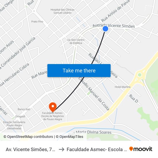 Av. Vicente Simões, 770 | Clínica Santa Edwiges to Faculdade Asmec- Escola De Negócios De Pouso Alegre map