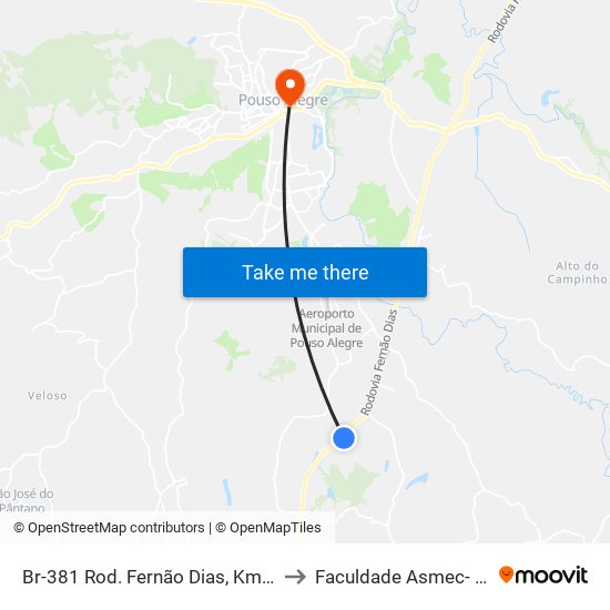 Br-381 Rod. Fernão Dias, Km 861,2 Sul | Barraca De Doce Em Frente À Casa Verde to Faculdade Asmec- Escola De Negócios De Pouso Alegre map