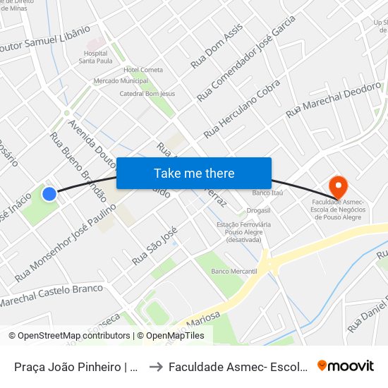 Praça João Pinheiro | São Cristóvão, Árvore Grande to Faculdade Asmec- Escola De Negócios De Pouso Alegre map