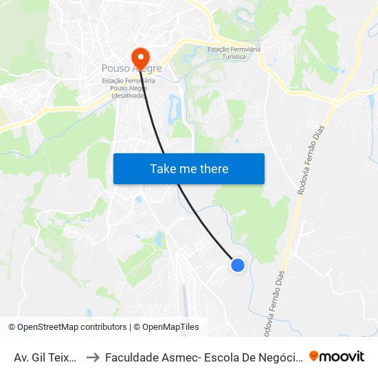 Av. Gil Teixeira, 840 to Faculdade Asmec- Escola De Negócios De Pouso Alegre map