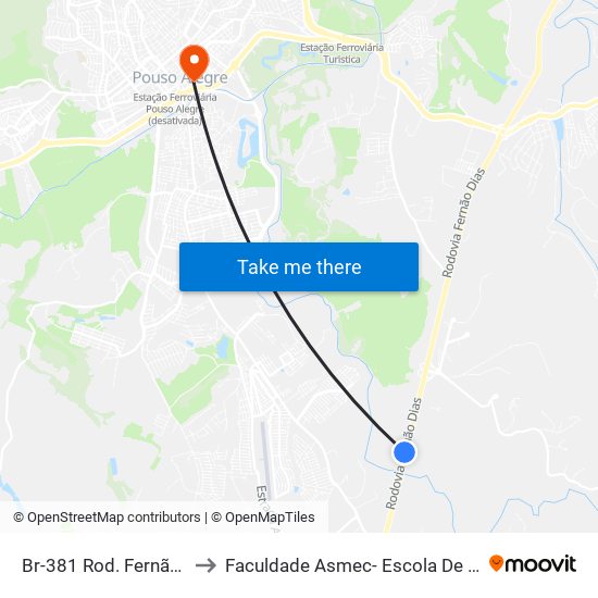 Br-381 Rod. Fernão Dias, Km 856 Sul to Faculdade Asmec- Escola De Negócios De Pouso Alegre map
