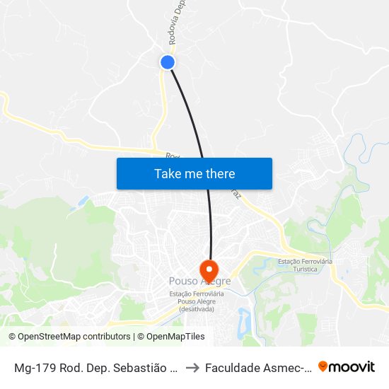 Mg-179 Rod. Dep. Sebastião Navarro Vieira, Km 100,4 Norte | Entrada Polvilho 3 Irmãos to Faculdade Asmec- Escola De Negócios De Pouso Alegre map