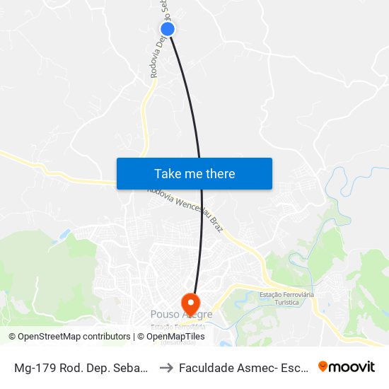 Mg-179 Rod. Dep. Sebastião Navarro Vieira, Km 98,8 Norte to Faculdade Asmec- Escola De Negócios De Pouso Alegre map