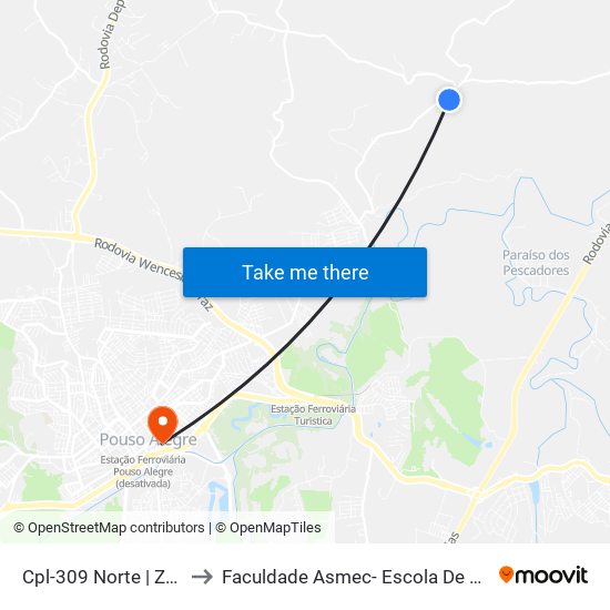 Cpl-309 Norte | Zoio Murchos Bar to Faculdade Asmec- Escola De Negócios De Pouso Alegre map