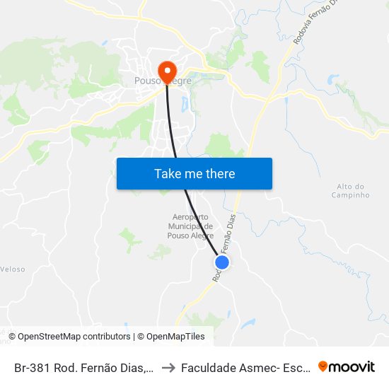 Br-381 Rod. Fernão Dias, Km 859,1 | Colina Dos Bandeirantes to Faculdade Asmec- Escola De Negócios De Pouso Alegre map