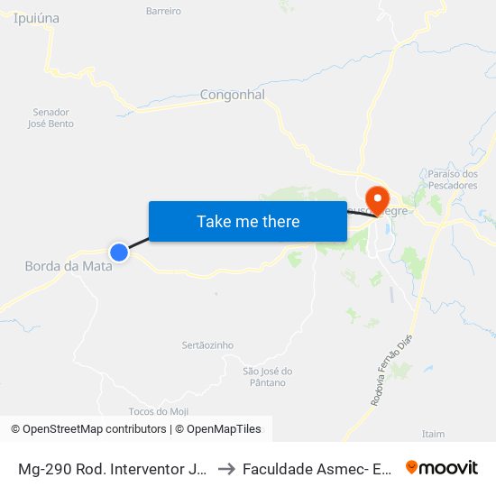 Mg-290 Rod. Interventor João Tavares Corrêa Beraldo, Km 19,8 Oeste to Faculdade Asmec- Escola De Negócios De Pouso Alegre map