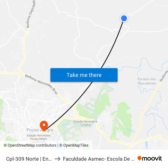 Cpl-309 Norte | Entrada Luiz Leiteiro to Faculdade Asmec- Escola De Negócios De Pouso Alegre map