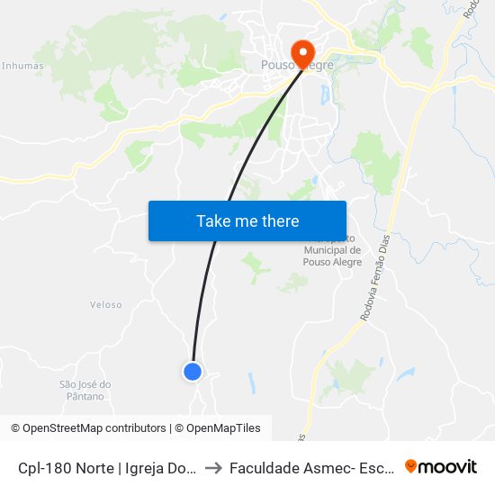 Cpl-180 Norte | Igreja Do Carrasco - Ponto Final Do Carrasco to Faculdade Asmec- Escola De Negócios De Pouso Alegre map
