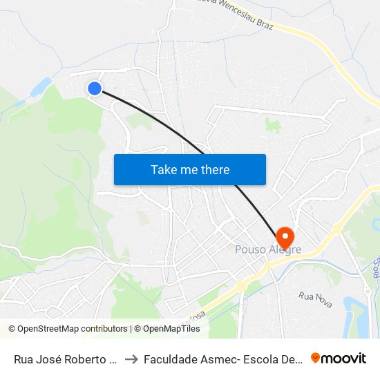 Rua José Roberto Da Cunha | Orelhão to Faculdade Asmec- Escola De Negócios De Pouso Alegre map