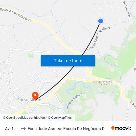 Av. 1, 390 to Faculdade Asmec- Escola De Negócios De Pouso Alegre map