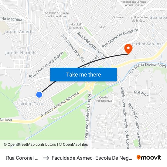 Rua Coronel Pradel, 107 to Faculdade Asmec- Escola De Negócios De Pouso Alegre map