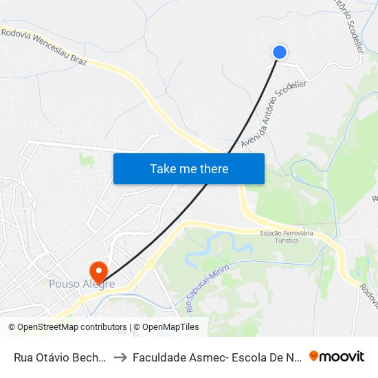 Rua Otávio Bechara Andari, 140 to Faculdade Asmec- Escola De Negócios De Pouso Alegre map