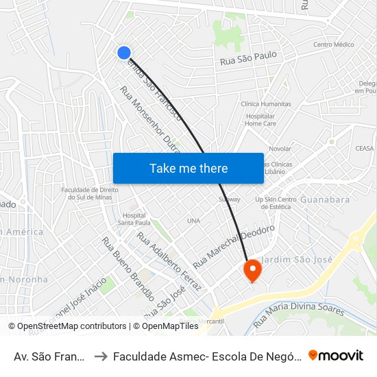 Av. São Francisco, 715 to Faculdade Asmec- Escola De Negócios De Pouso Alegre map