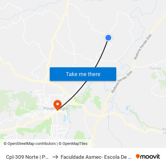 Cpl-309 Norte | Porteira De Arame to Faculdade Asmec- Escola De Negócios De Pouso Alegre map