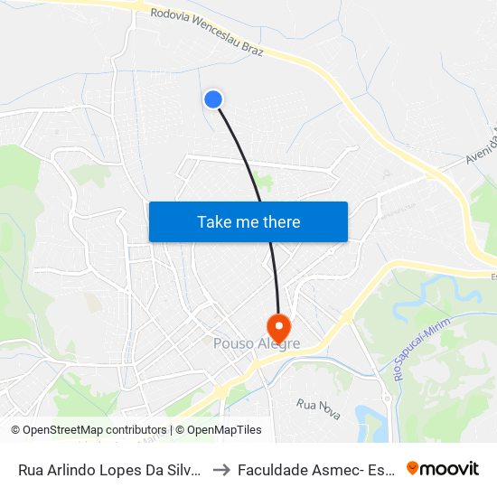 Rua Arlindo Lopes Da Silva, 155 | 1° Ponto Nossa Senhora Do Pilar to Faculdade Asmec- Escola De Negócios De Pouso Alegre map