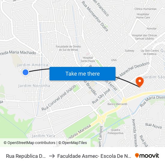 Rua República Do Uruguai, 208 to Faculdade Asmec- Escola De Negócios De Pouso Alegre map