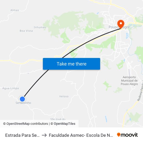 Estrada Para Sertãozinho, Sul to Faculdade Asmec- Escola De Negócios De Pouso Alegre map