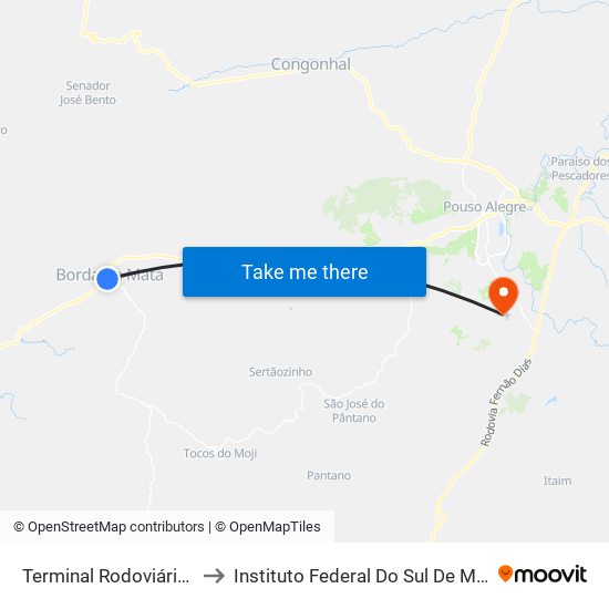 Terminal Rodoviário De Borda Da Mata to Instituto Federal Do Sul De Minas - Campus Pouso Alegre map