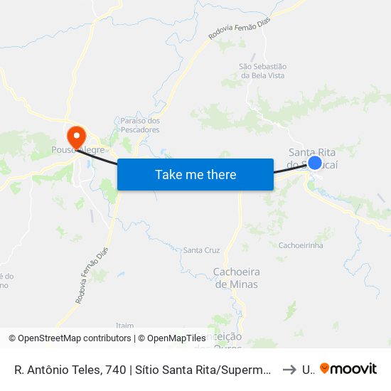 R. Antônio Teles, 740 | Sítio Santa Rita/Supermercado Romerão - Sentido Recanto to Una map