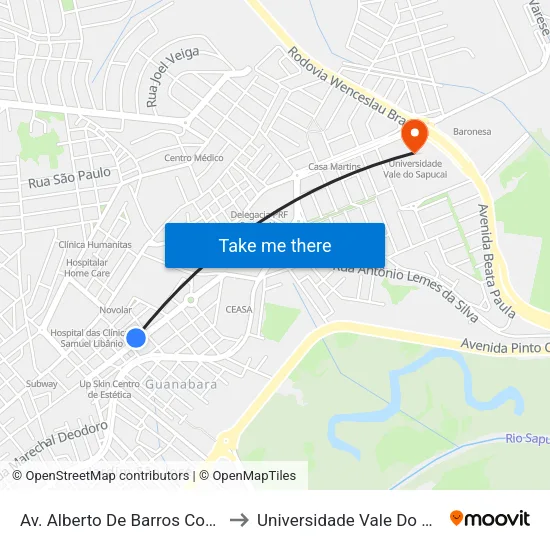 Av. Alberto De Barros Cobra, 549 to Universidade Vale Do Sapucai map