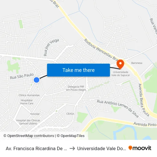 Av. Francisca Ricardina De Paula, 300 to Universidade Vale Do Sapucai map