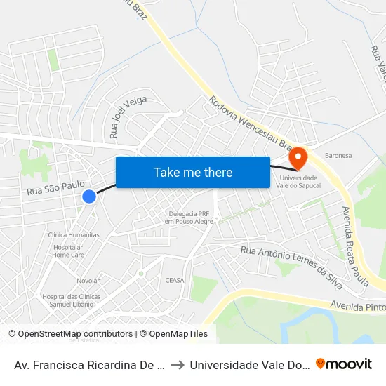 Av. Francisca Ricardina De Paula, 289 to Universidade Vale Do Sapucai map
