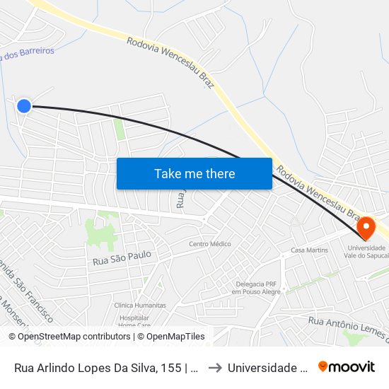 Rua Arlindo Lopes Da Silva, 155 | 1° Ponto Nossa Senhora Do Pilar to Universidade Vale Do Sapucai map