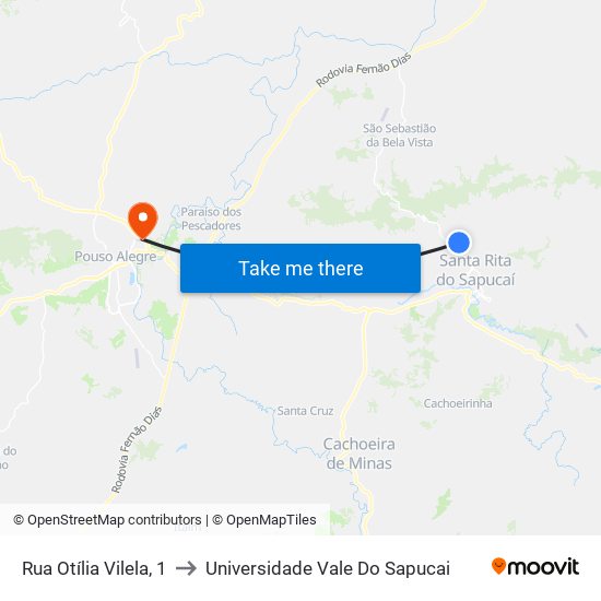 Rua Otília Vilela, 1 to Universidade Vale Do Sapucai map