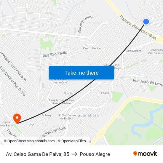 Av. Celso Gama De Paiva, 85 to Pouso Alegre map