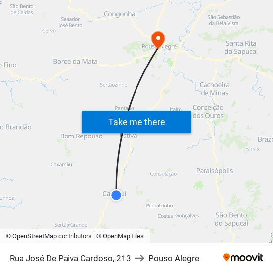 Rua José De Paiva Cardoso, 213 to Pouso Alegre map