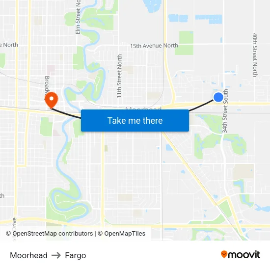 Moorhead to Fargo map