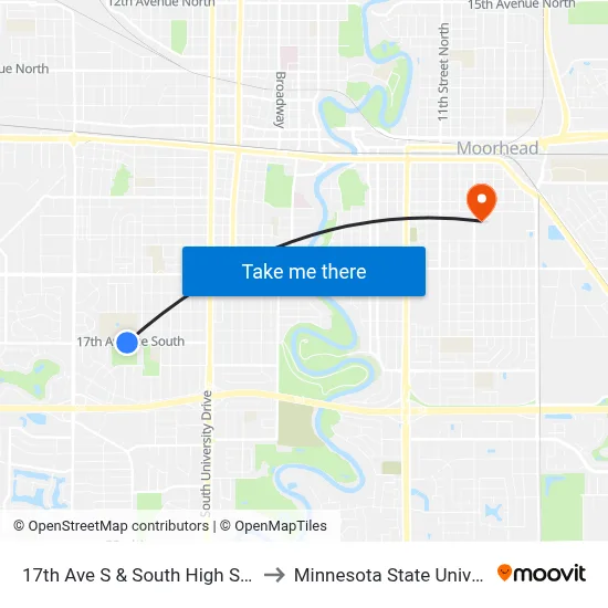 17th Ave S & South High School (Midblock S) to Minnesota State University Moorhead map