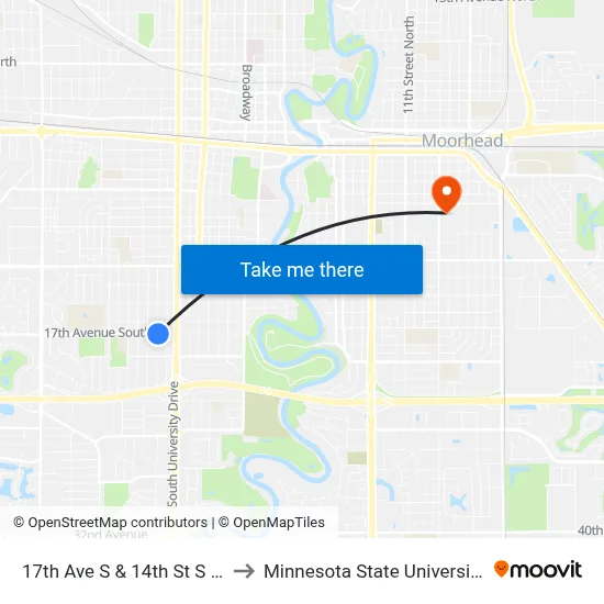 17th Ave S & 14th St S (Corner Ne) to Minnesota State University Moorhead map