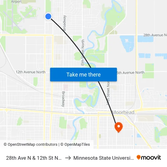 28th Ave N & 12th St N (Corner Ne) to Minnesota State University Moorhead map