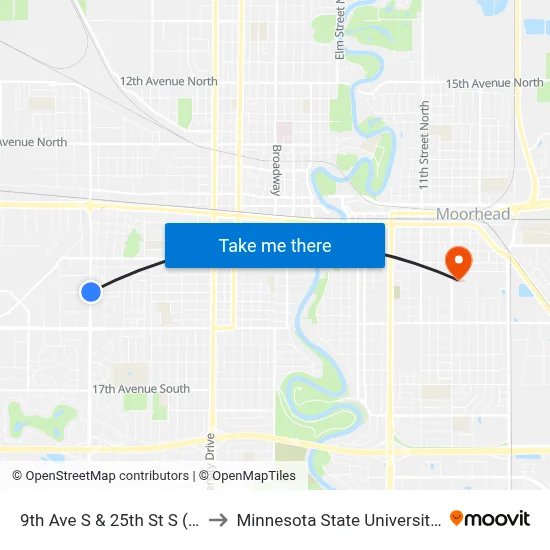 9th Ave S & 25th St S (Corner Ne) to Minnesota State University Moorhead map