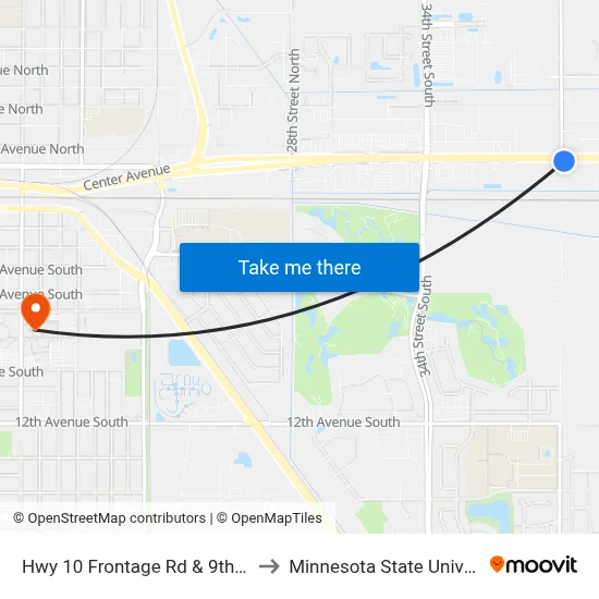 Hwy 10 Frontage Rd & 9th St SW (Corner Ne) to Minnesota State University Moorhead map