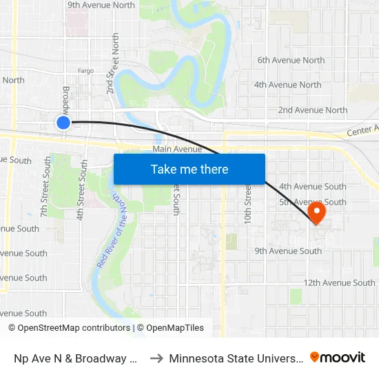 Np Ave N & Broadway N (Corner Sw) to Minnesota State University Moorhead map