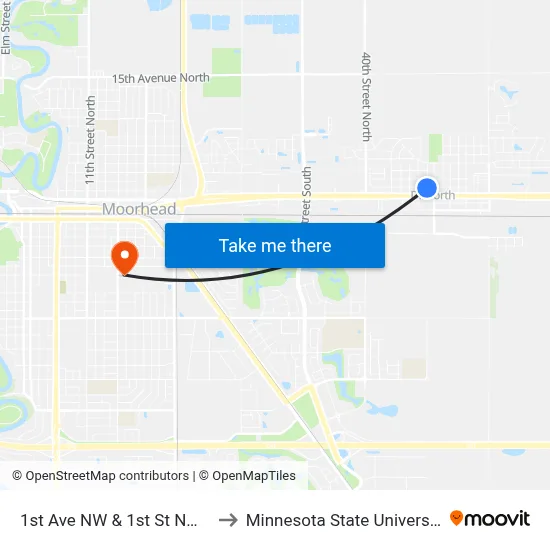 1st Ave NW & 1st St NW (Corner Sw) to Minnesota State University Moorhead map