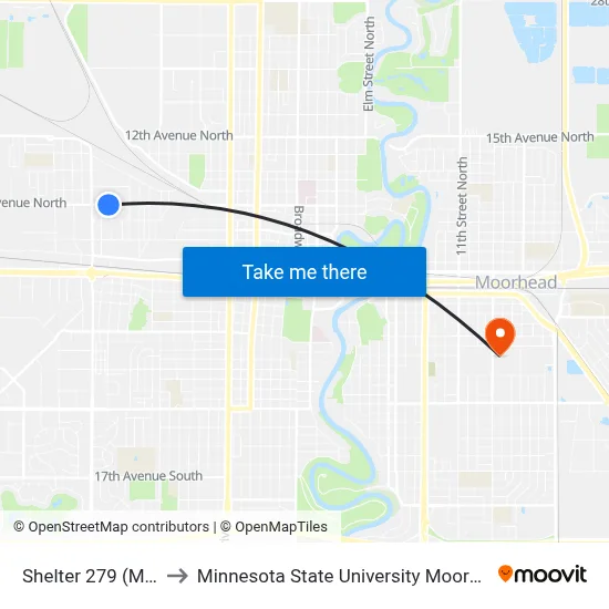 Shelter 279 (Mtg) to Minnesota State University Moorhead map