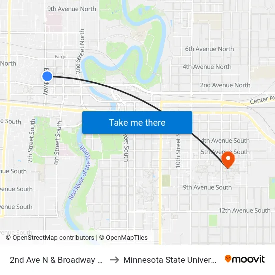 2nd Ave N & Broadway N (Corner Ne) to Minnesota State University Moorhead map