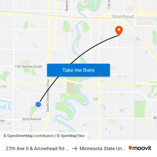 27th Ave S & Arrowhead Rd S (T Intersection South) to Minnesota State University Moorhead map